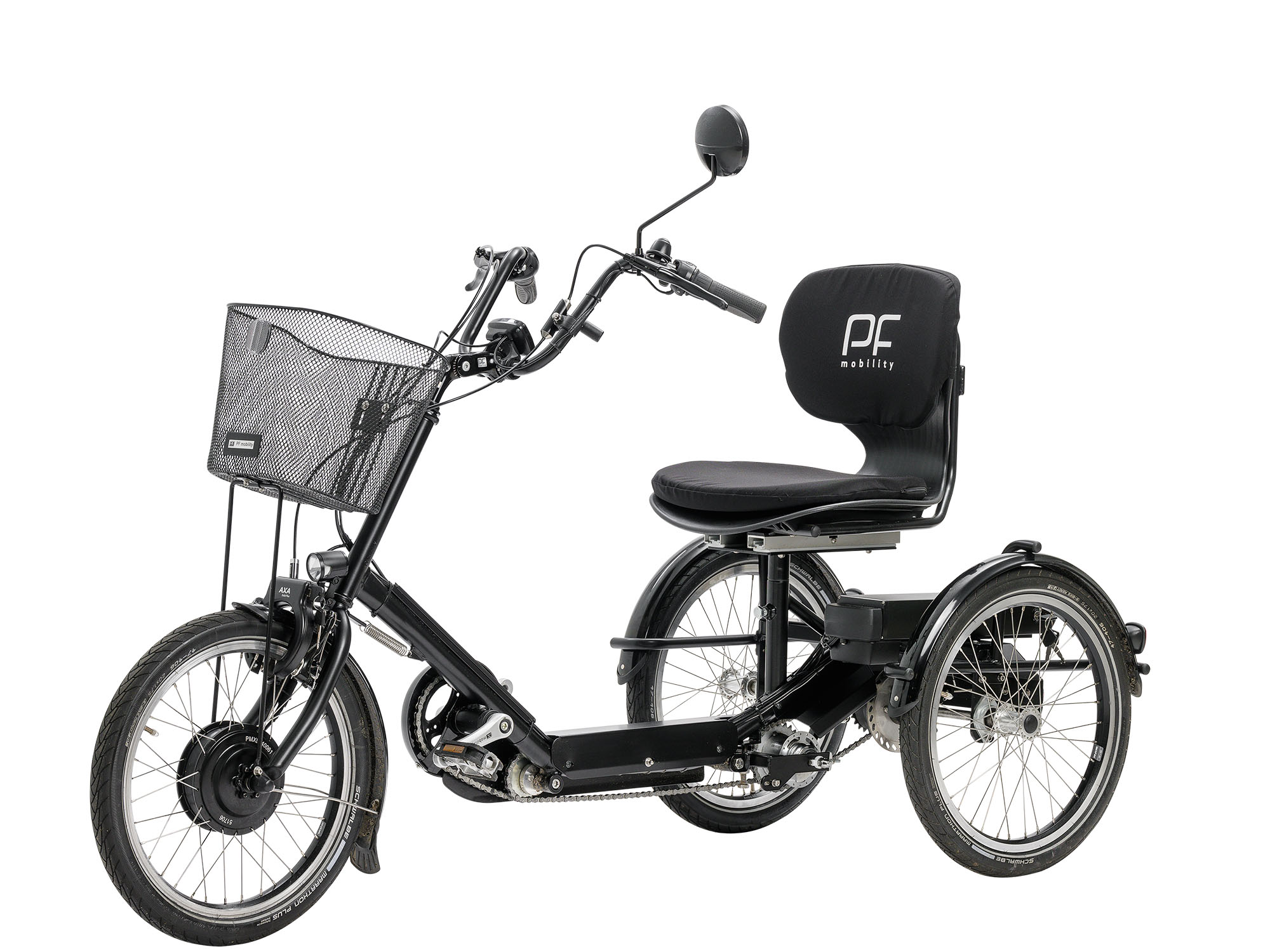 Dreirad-E-Bike in Schwarz mit bequemer Rückenlehne, Frontkorb und drei stabilen Rädern für Komfortfahrten.