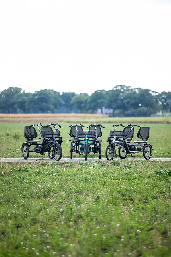 Drei Paralleltandems stehen nebeneinander in der Natur