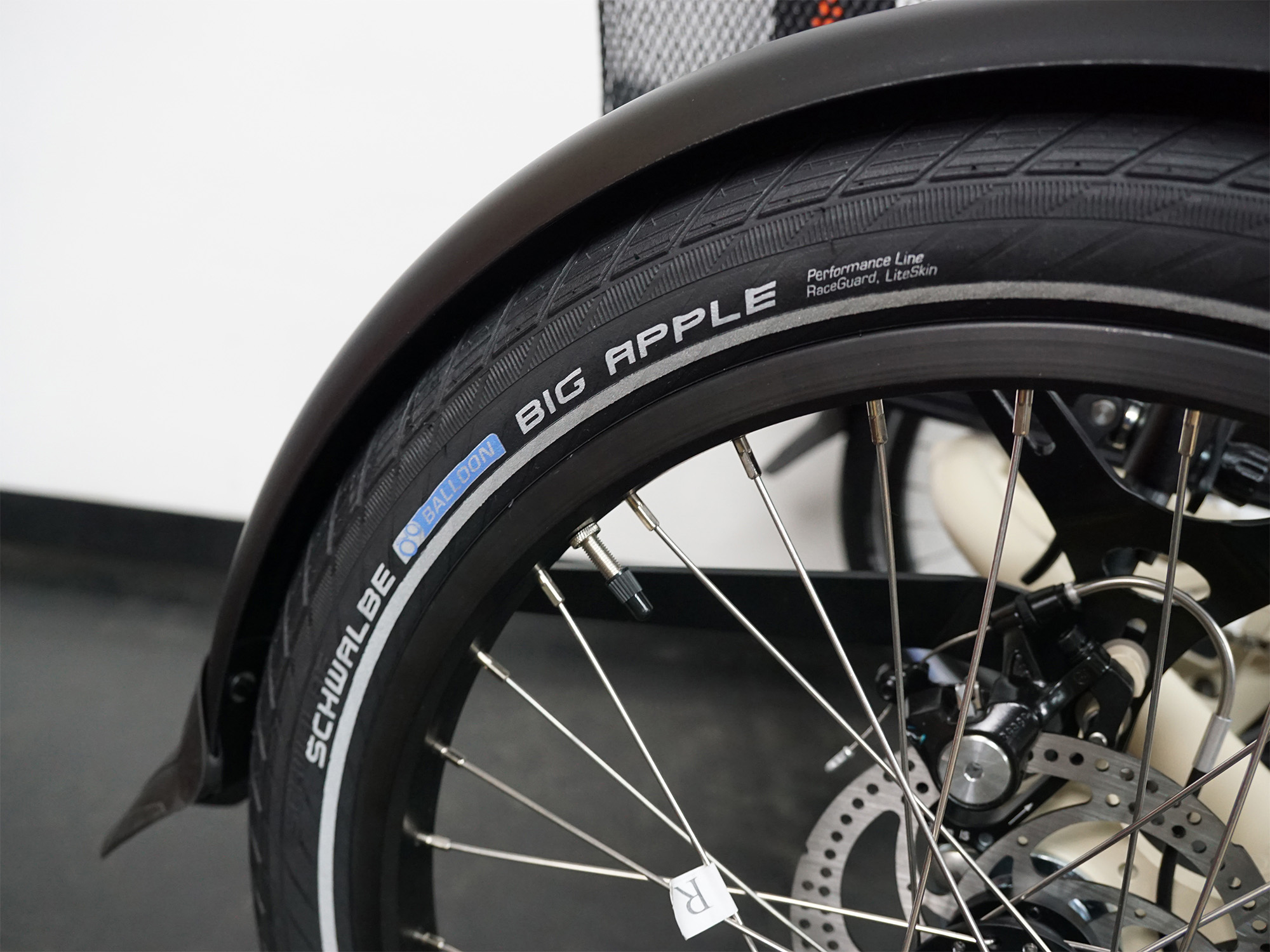 Nahaufnahme eines Schwalbe Big Apple Reifens mit Schutzblech, Speichenrad und Scheibenbremse an einem Liegedreirad.