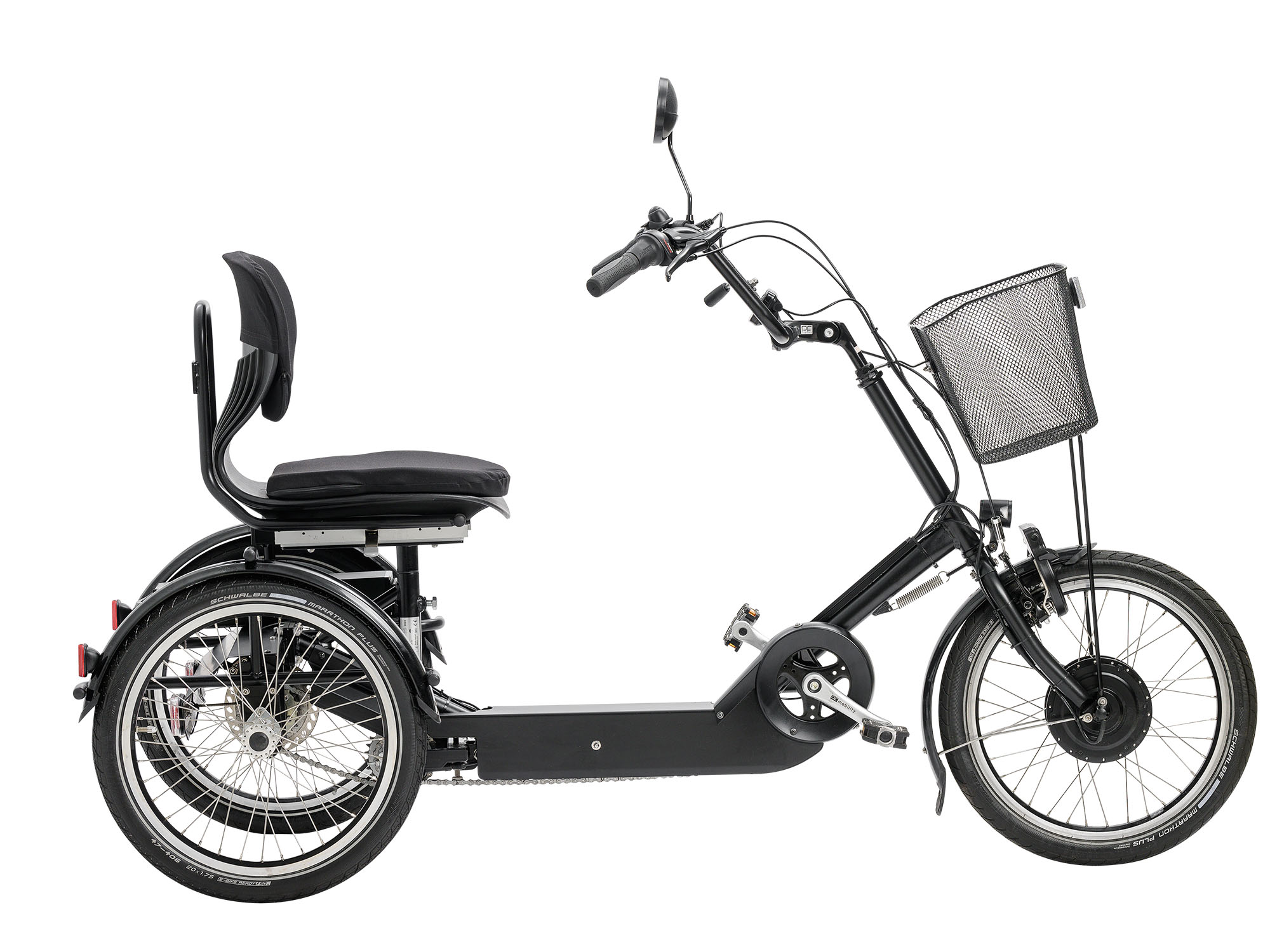 Dreirad-E-Bike in Schwarz mit bequemer Rückenlehne, Frontkorb und drei stabilen Rädern für Komfortfahrten.