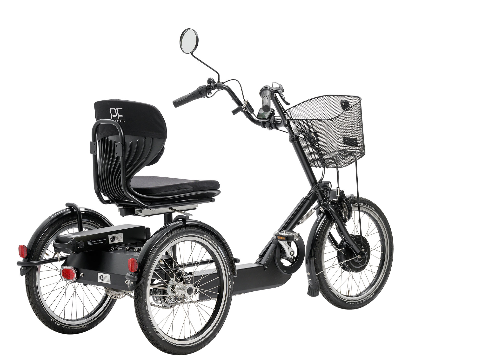 Dreirad-E-Bike in Schwarz mit bequemer Rückenlehne, Frontkorb und drei stabilen Rädern für Komfortfahrten.